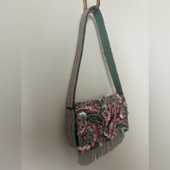 Viral Beaded Paisley Fringe Pink and Green Made in India Shoulder Bag - Picture 4 of 6